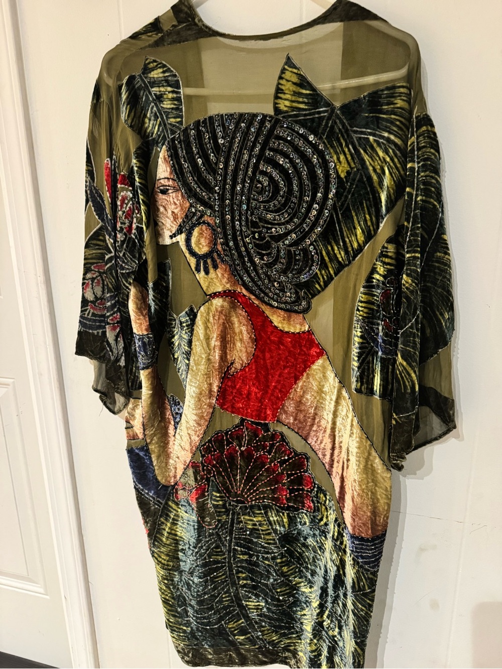 Velvet Tropical Print Kimono Dress with Red Accent